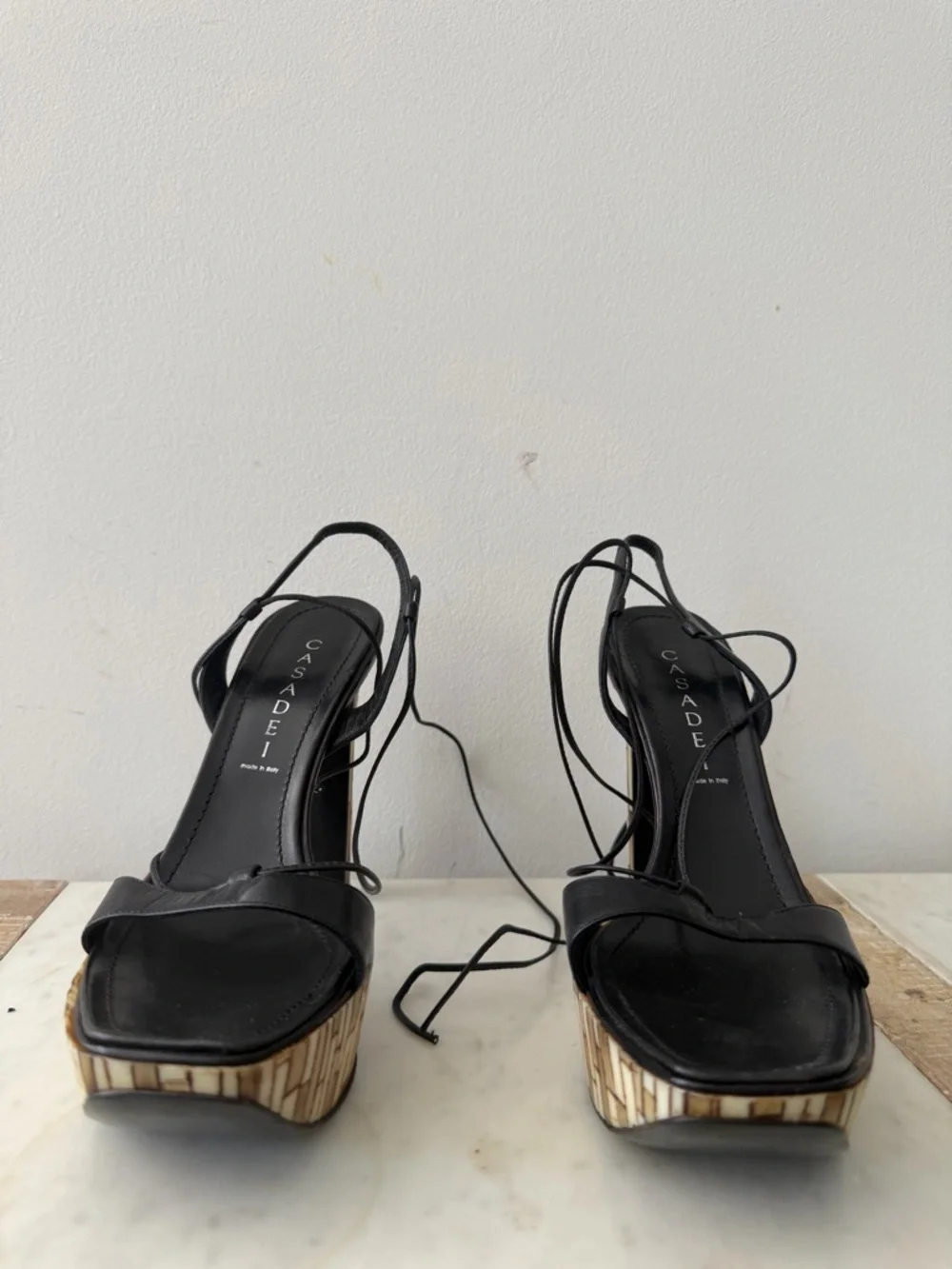 Casadei Black Platform Lace-Up Sandals with Wood-Effect Heel